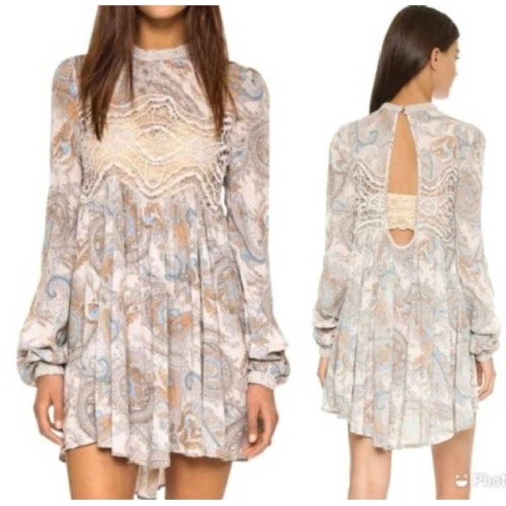 BOHO Free People Sweet Thing Printed Tunic Mini Dress Tea Paisley Crochet Lace S